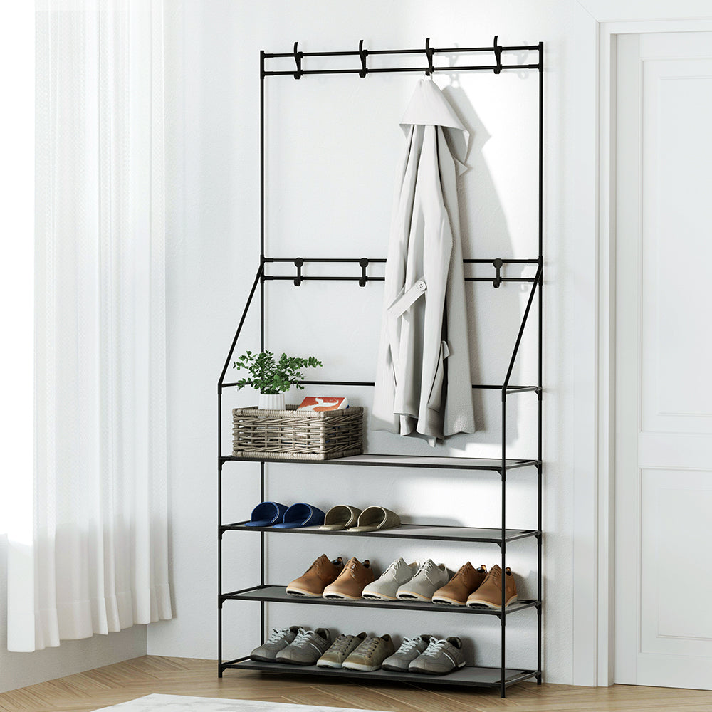 Artiss Shoe Rack Coat Hat Stand Hallway Shoes Storage Tree Metal Shelves Black