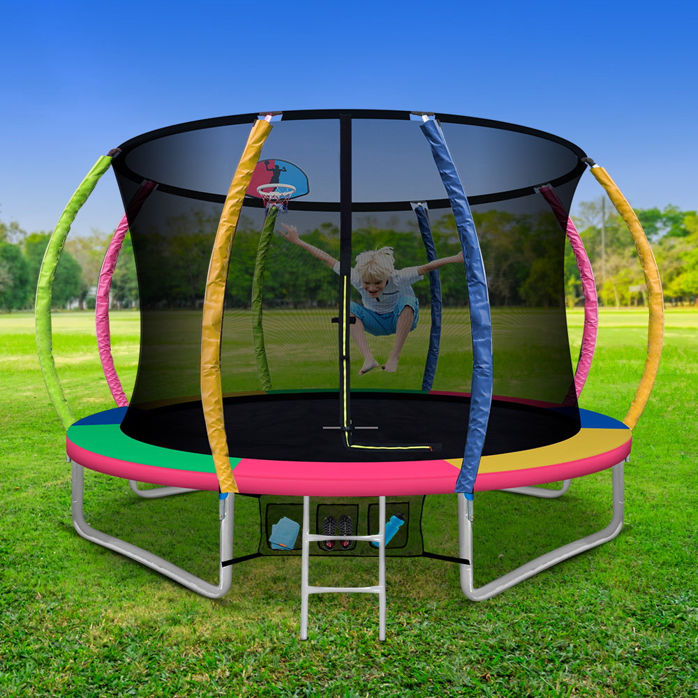 10FT Trampoline Round Trampolines With Basketball Hoop Kids Present Gift Enclosure Safety Net Pad Outdoor Multi-coloured freeshipping - Awezingly