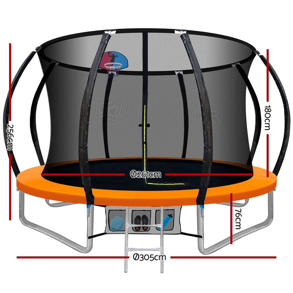 10FT Trampoline Round Trampolines With Basketball Hoop Kids Present Gift Enclosure Safety Net Pad Outdoor Orange freeshipping - Awezingly