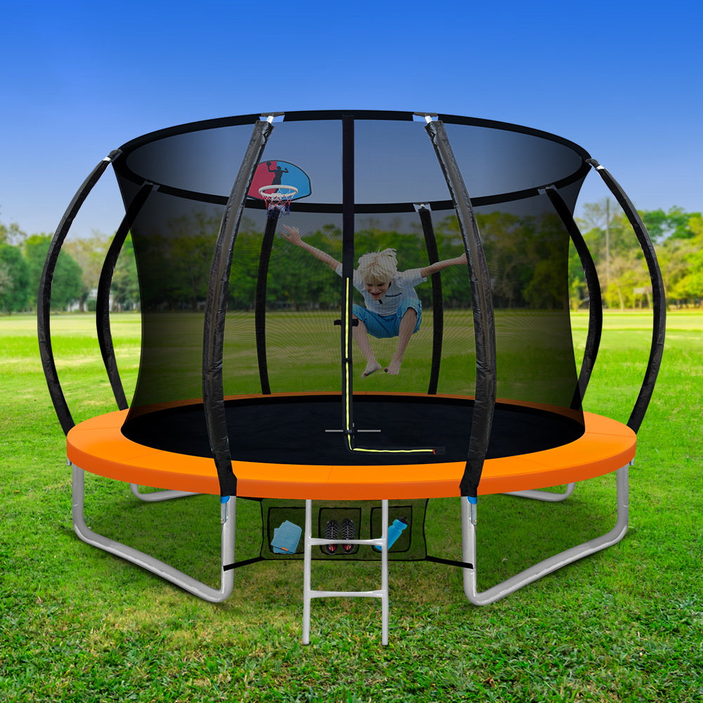 10FT Trampoline Round Trampolines With Basketball Hoop Kids Present Gift Enclosure Safety Net Pad Outdoor Orange freeshipping - Awezingly