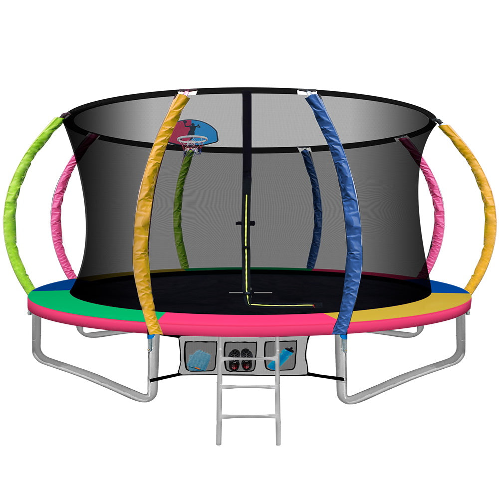 12FT Trampoline Round Trampolines With Basketball Hoop Safety Net Pad Outdoor Multi-coloured freeshipping - Awezingly