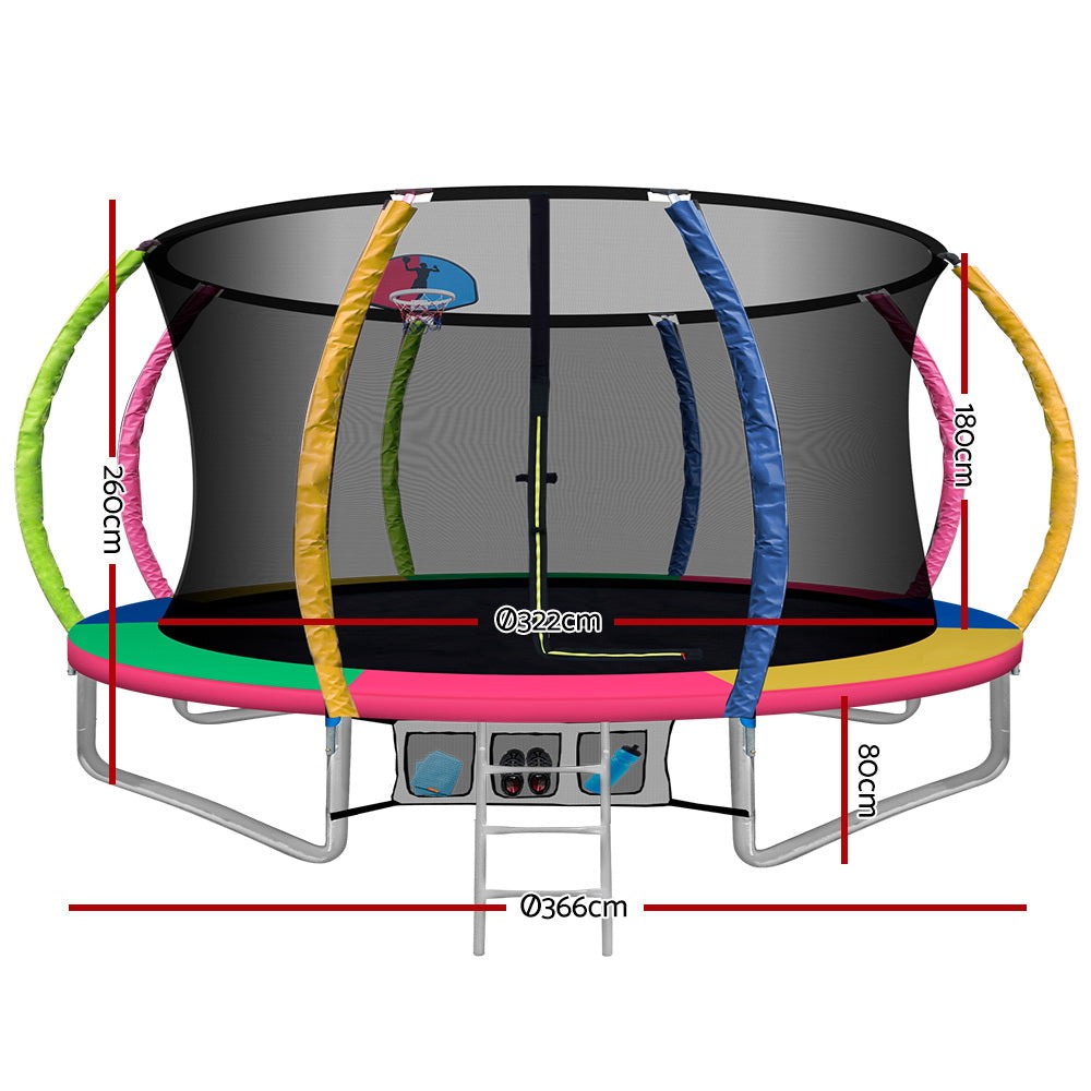 12FT Trampoline Round Trampolines With Basketball Hoop Safety Net Pad Outdoor Multi-coloured freeshipping - Awezingly