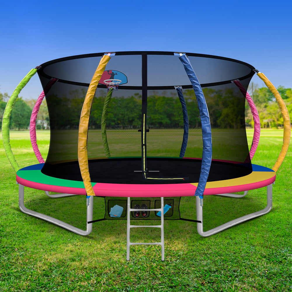 12FT Trampoline Round Trampolines With Basketball Hoop Safety Net Pad Outdoor Multi-coloured freeshipping - Awezingly