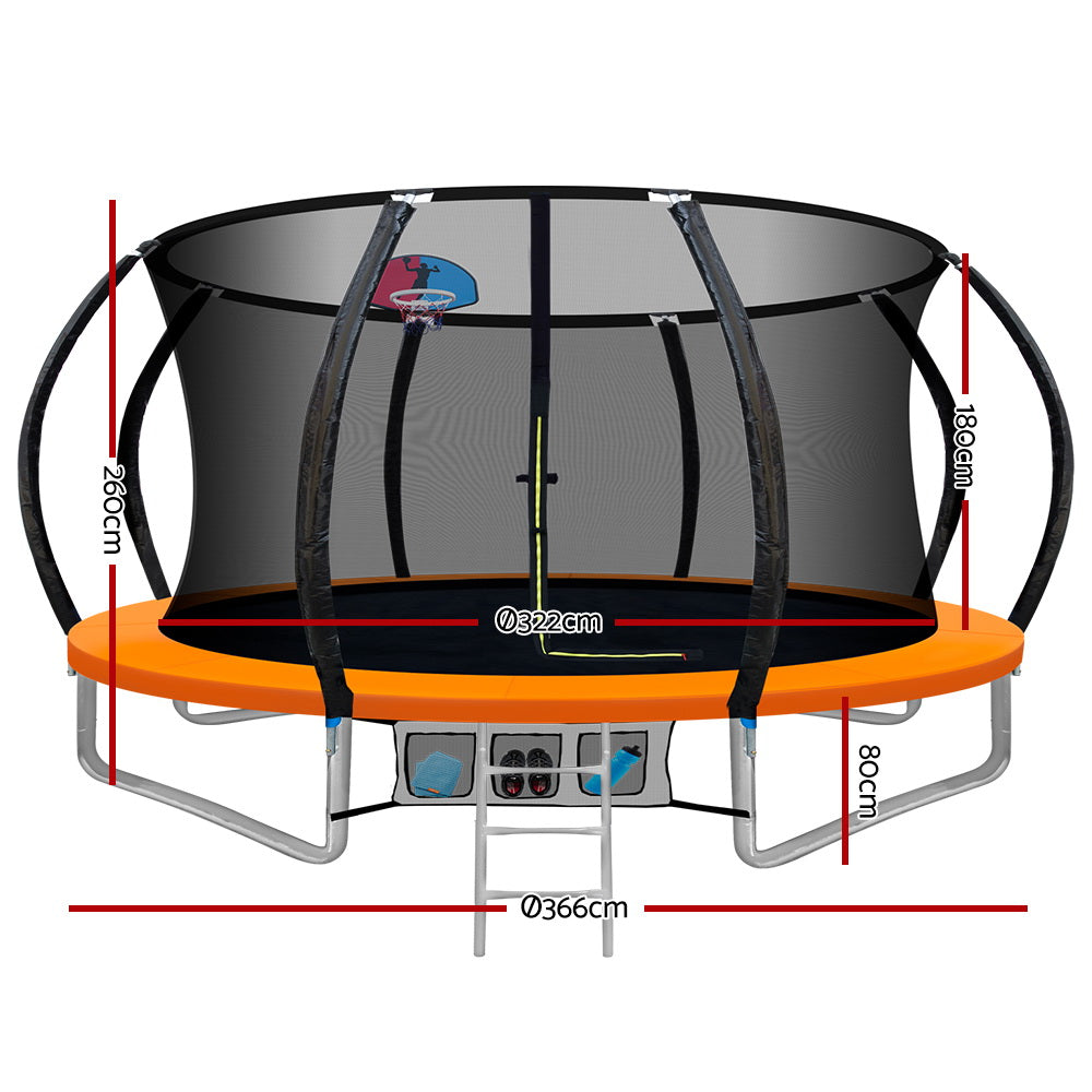 12FT Trampoline Round Trampolines With Basketball Hoop Kids Present Gift Enclosure Safety Net Pad Outdoor Orange freeshipping - Awezingly