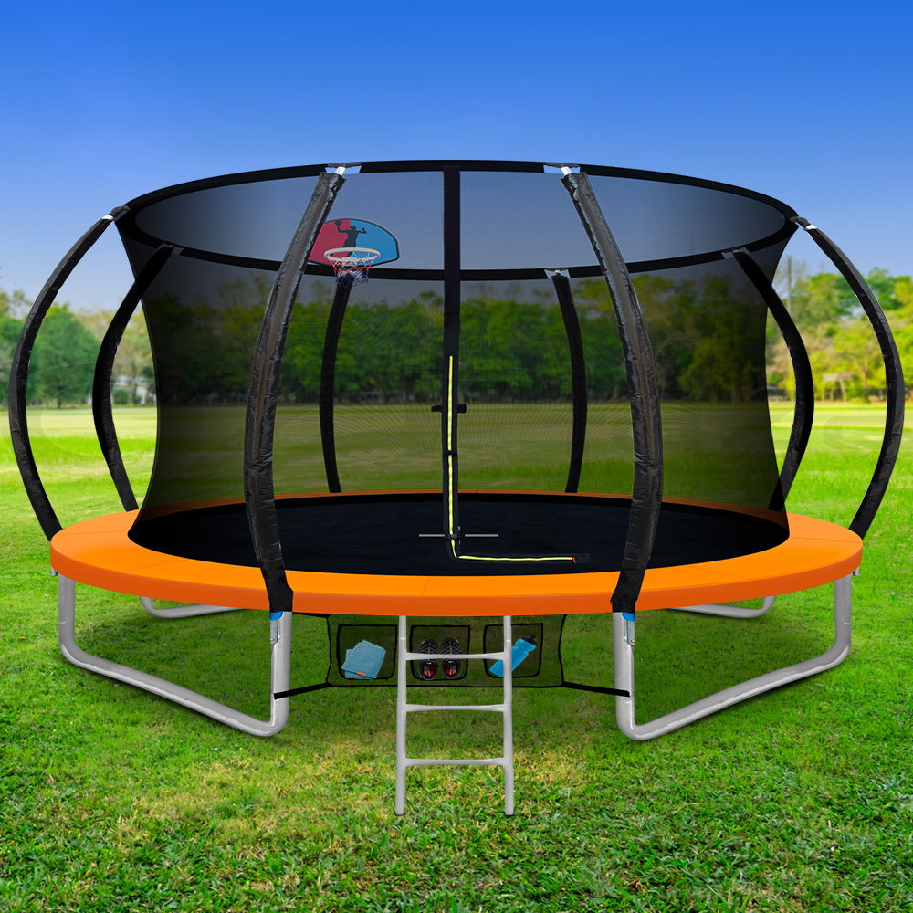 12FT Trampoline Round Trampolines With Basketball Hoop Kids Present Gift Enclosure Safety Net Pad Outdoor Orange freeshipping - Awezingly