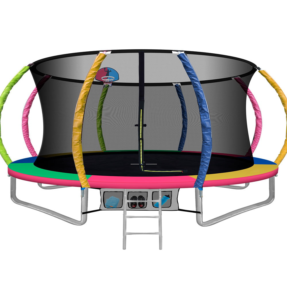 14FT Trampoline Round Trampolines With Basketball Hoop Kids Present Gift Enclosure Safety Net Pad Outdoor Multi-coloured freeshipping - Awezingly