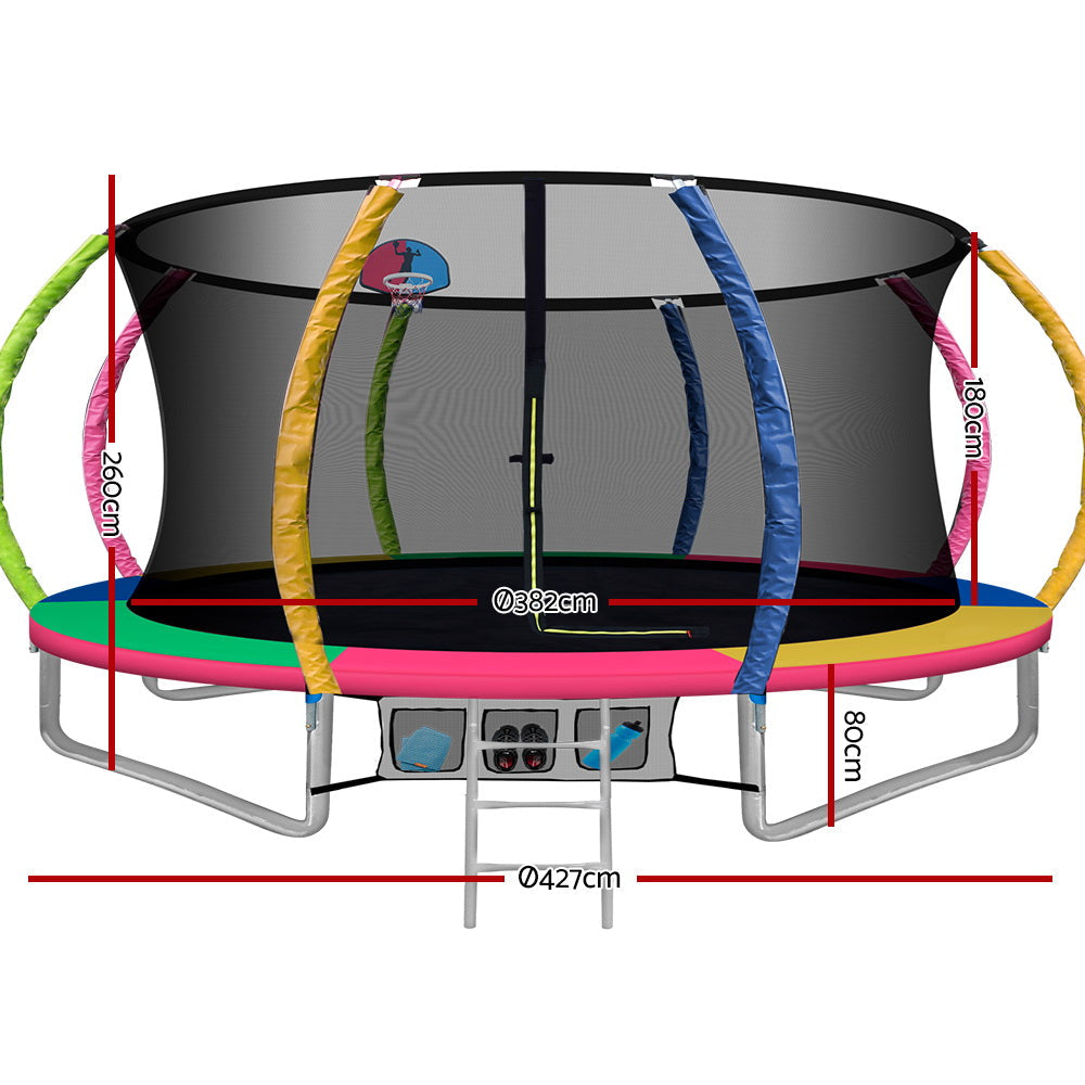 14FT Trampoline Round Trampolines With Basketball Hoop Kids Present Gift Enclosure Safety Net Pad Outdoor Multi-coloured freeshipping - Awezingly