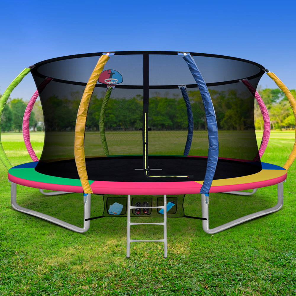 14FT Trampoline Round Trampolines With Basketball Hoop Kids Present Gift Enclosure Safety Net Pad Outdoor Multi-coloured freeshipping - Awezingly