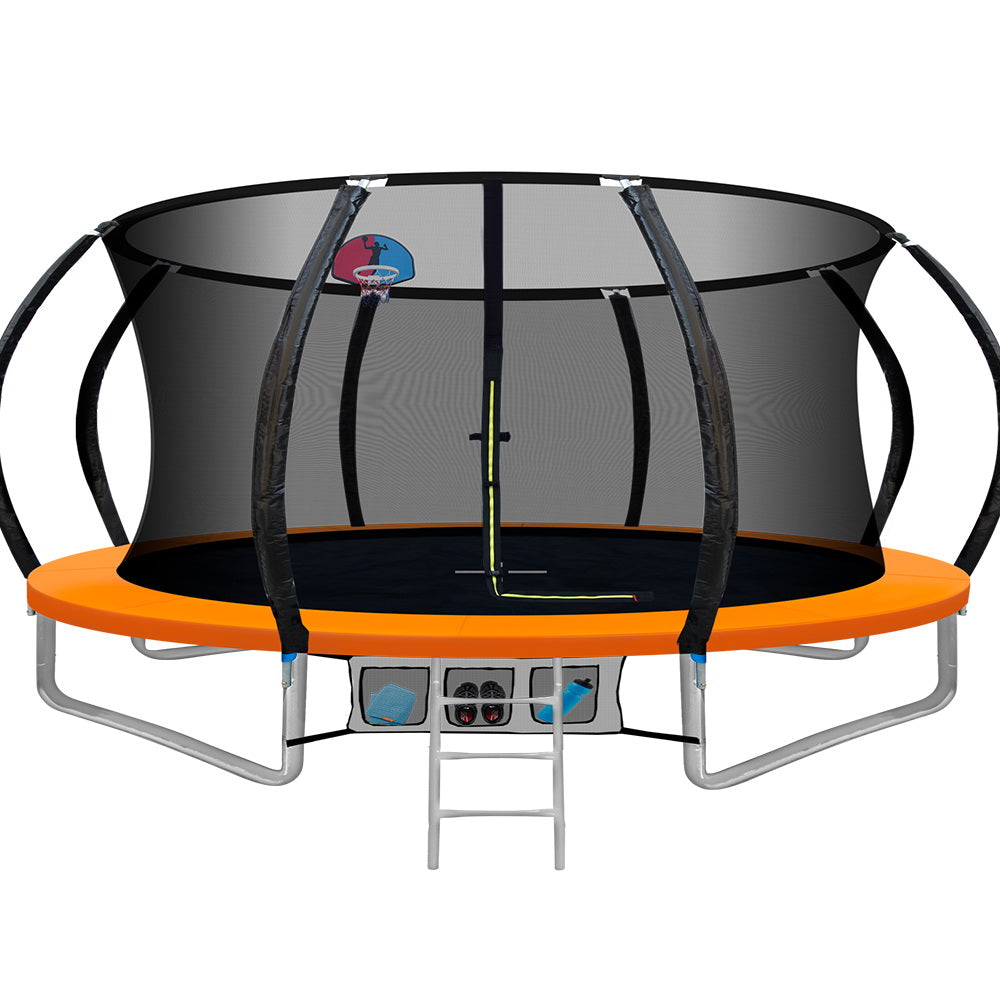 14FT Trampoline Round Trampolines With Basketball Hoop Kids Present Gift Enclosure Safety Net Pad Outdoor Orange freeshipping - Awezingly