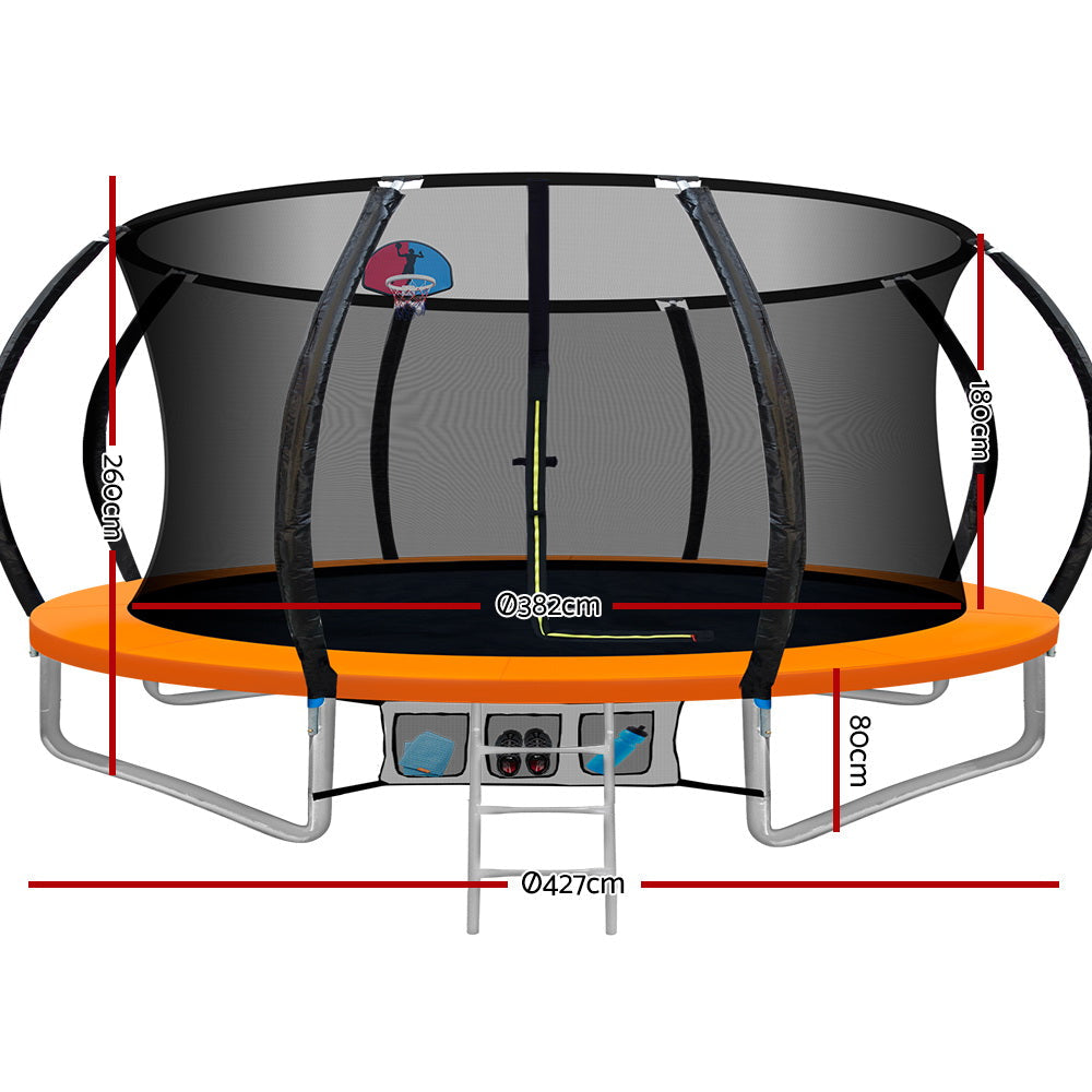 14FT Trampoline Round Trampolines With Basketball Hoop Kids Present Gift Enclosure Safety Net Pad Outdoor Orange freeshipping - Awezingly