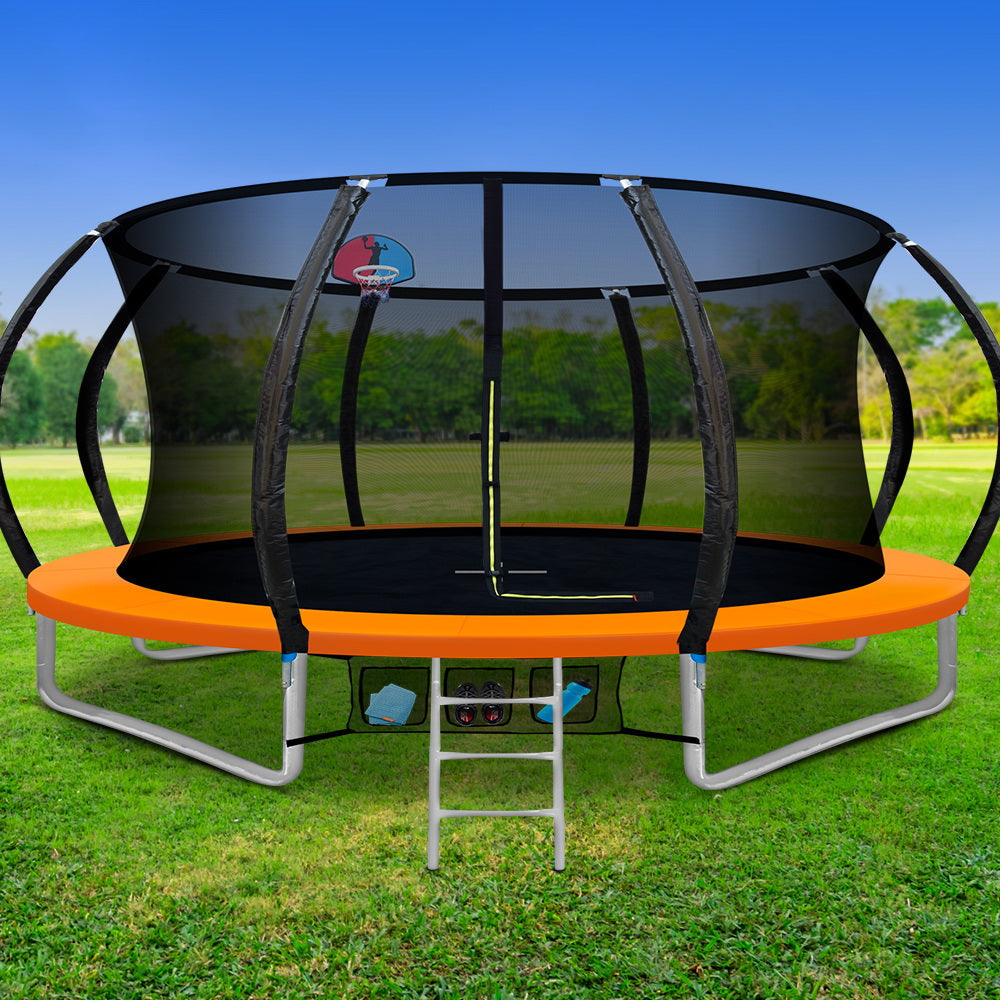 14FT Trampoline Round Trampolines With Basketball Hoop Kids Present Gift Enclosure Safety Net Pad Outdoor Orange freeshipping - Awezingly