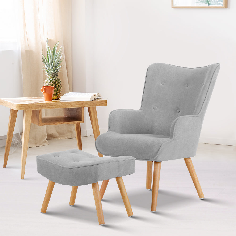 Artiss Armchair and Ottoman - Light Grey freeshipping - Awezingly