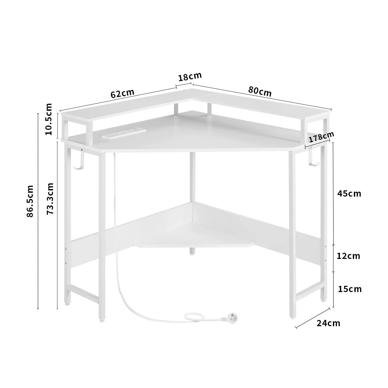 Compact L-Shaped Corner Desk with Built-In Power Board, White