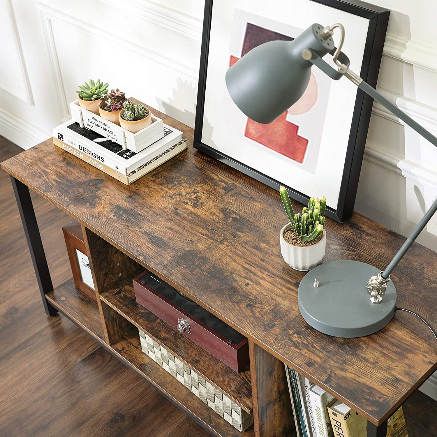 TV Console Unit with Open Storage Rustic Brown and Black Industrial