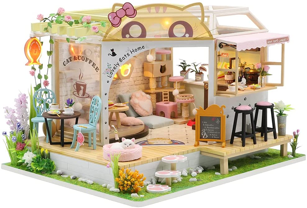 Dollhouse Miniature with Furniture Kit Plus Dust Proof and Music Movement - Cat Coffee (Valentine's Day Gift Idea)