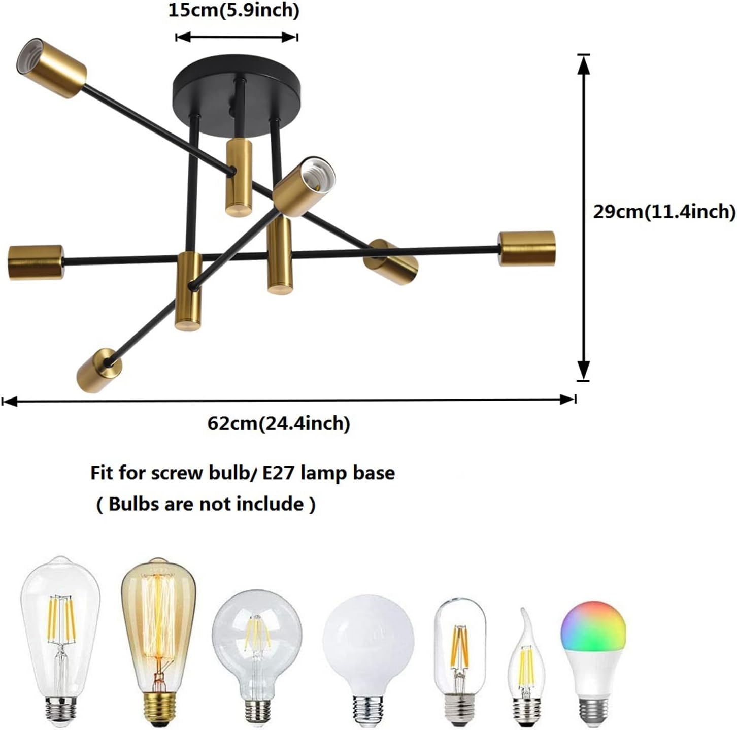 Mid Century Chandelier Modern, 6-Light , Black & Gold