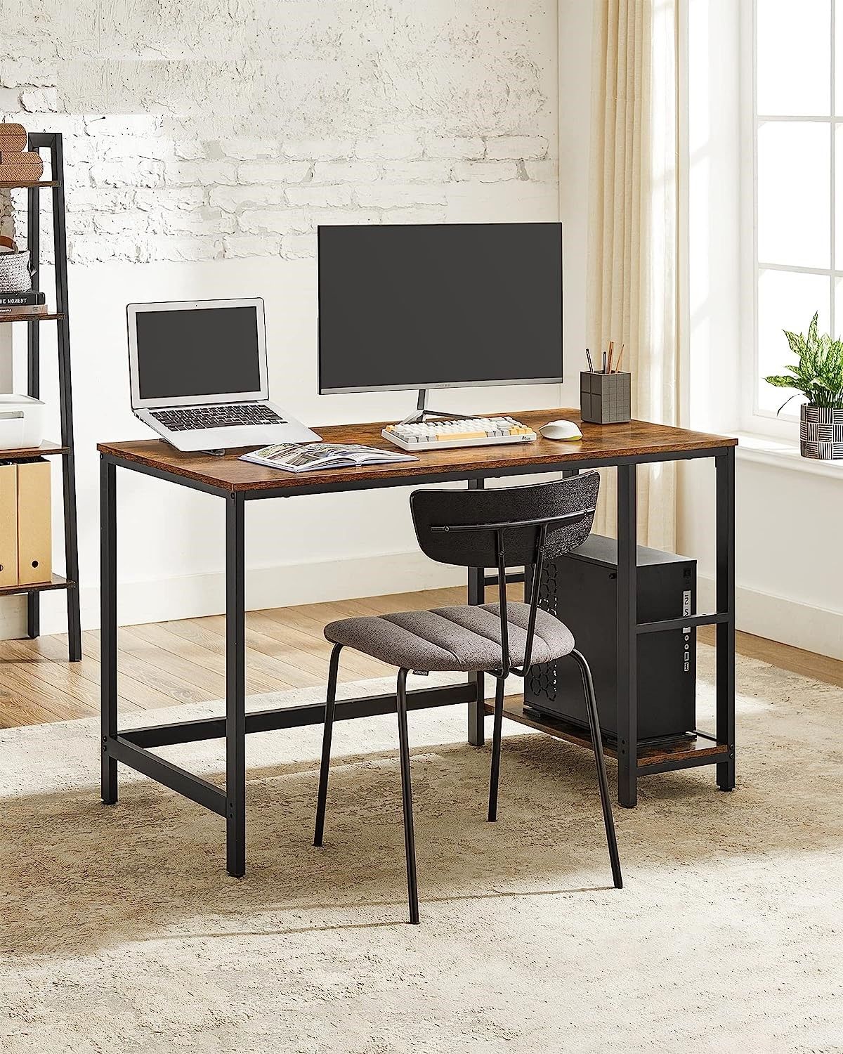 Computer Desk 2 Shelves Rustic, Brown Black