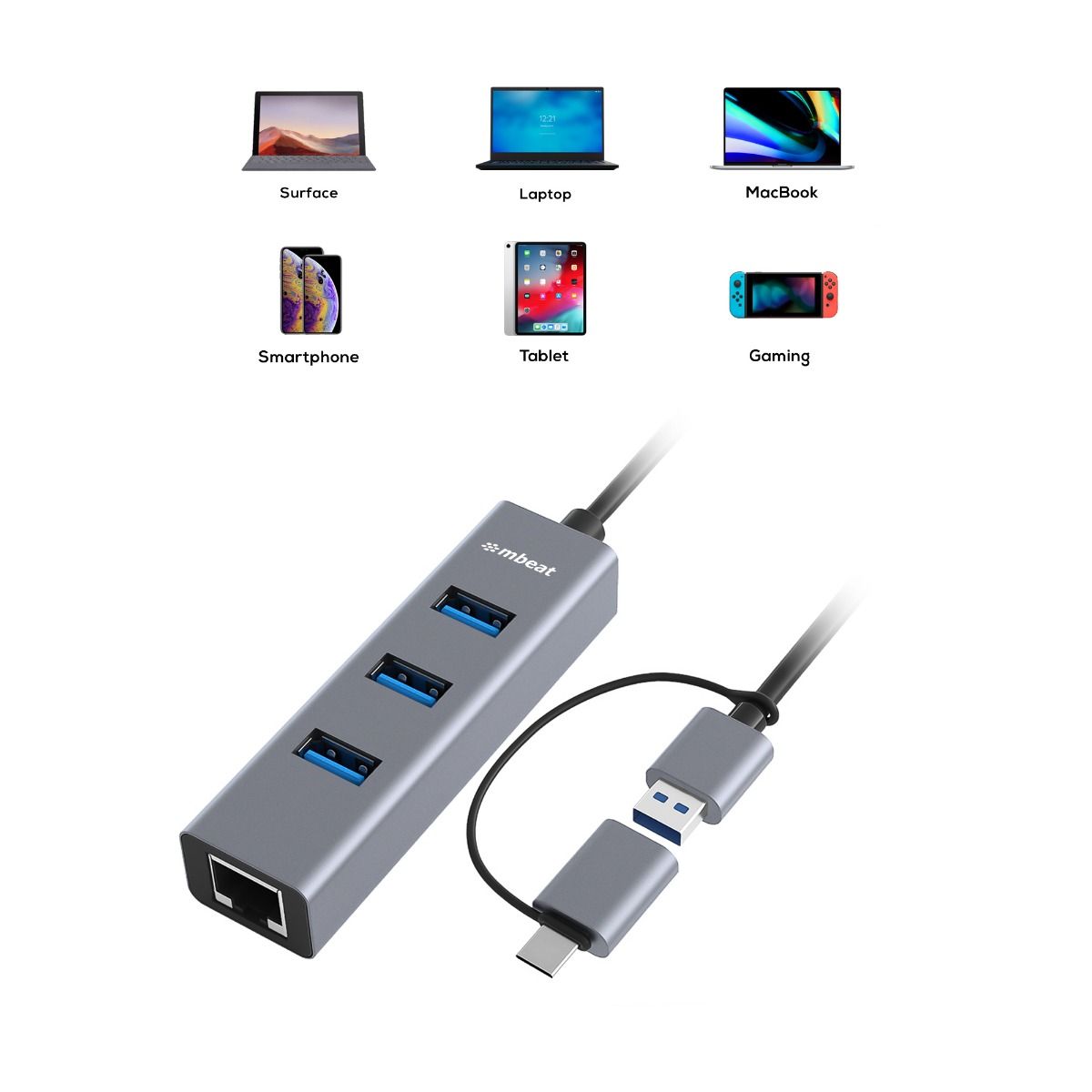 mbeat 3-Port USB 3.0 Hub & Gigabit LAN with 2-in-1 USB 3.0 & USB-C Converter - Space Grey