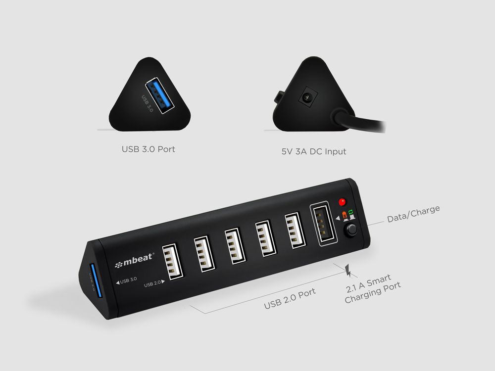 mbeat 7-Port USB 3.0 x 1 + USB 2.0 x 6 Hub with 2.1A Smart Charging Function