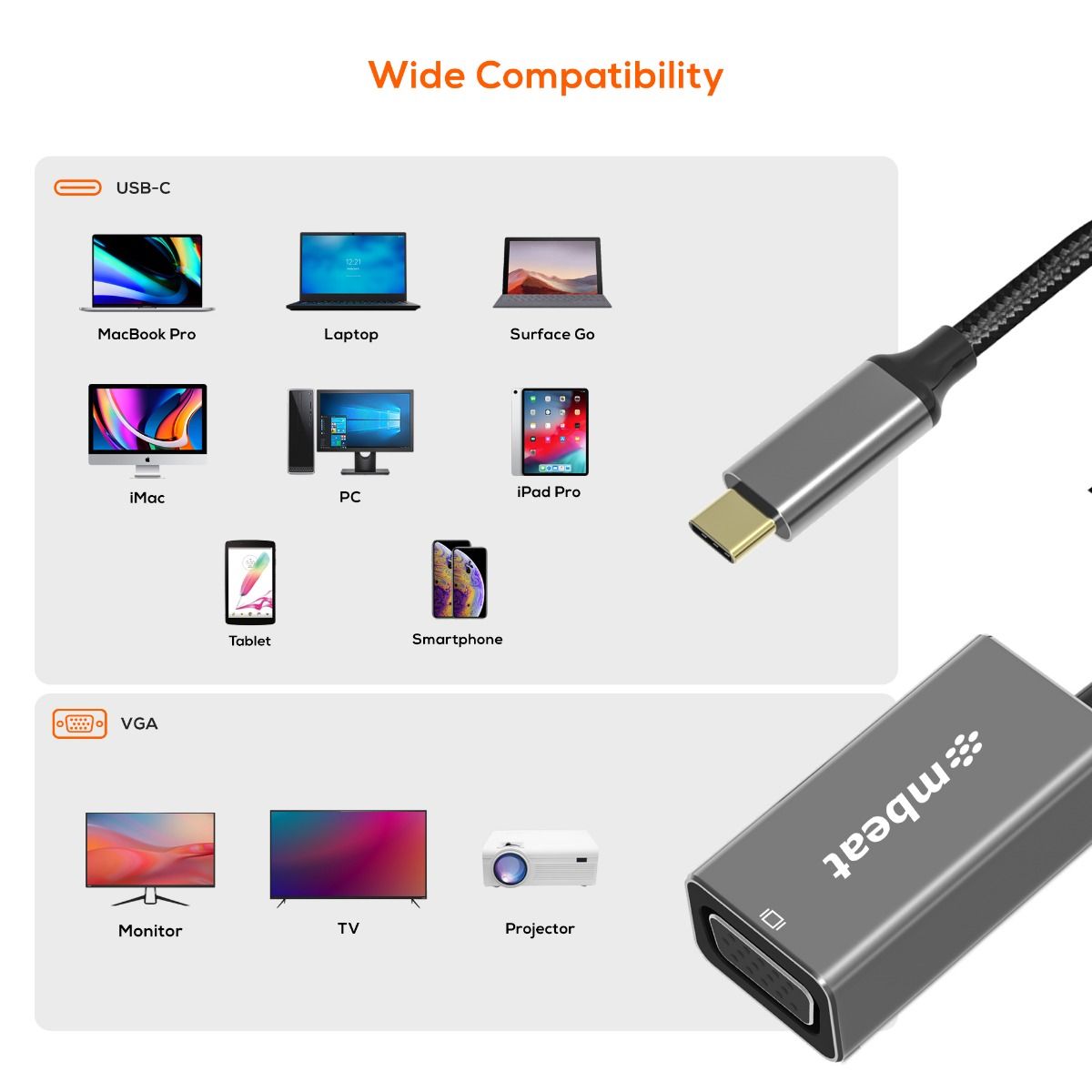 mbeat Elite USB-C to VGA Adapter- Space Grey