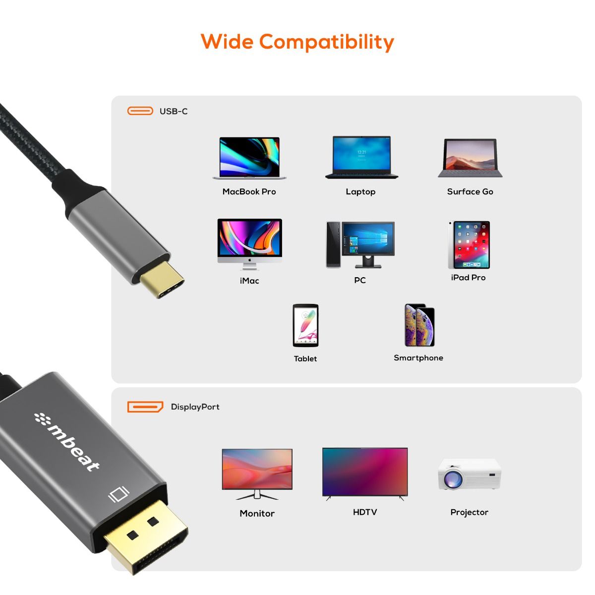 mbeat Tough Link 1.8m 4K USB-C to Display Port Cable - Space Grey