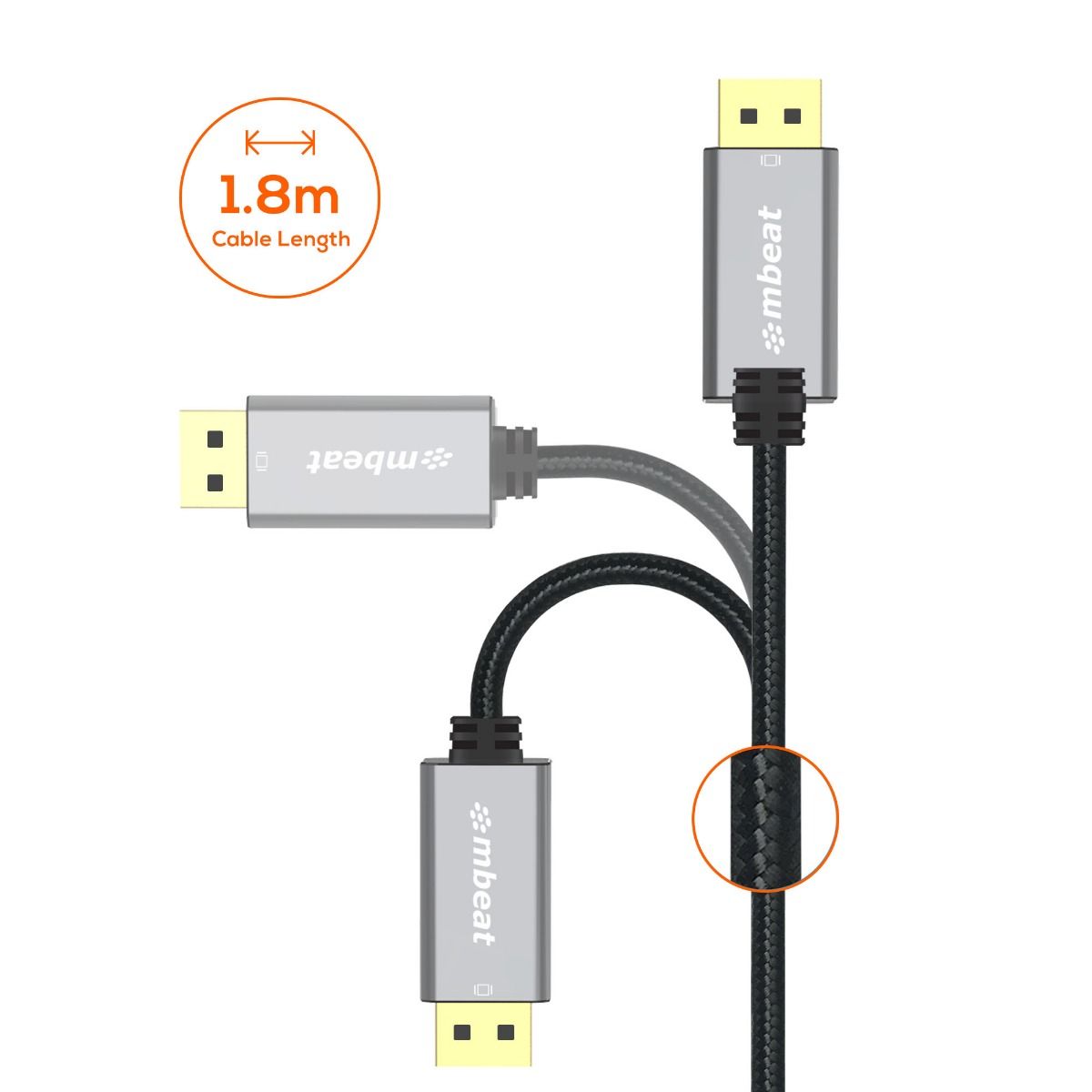 mbeat Tough Link 1.8m Display Port Cable v1.4 - Space Grey