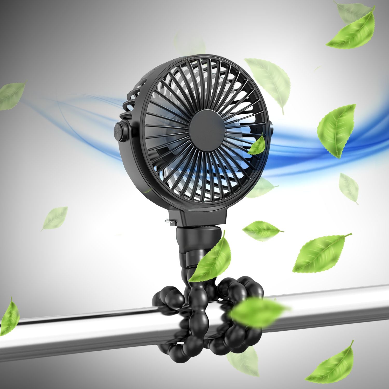 GOMINIMO 5000mAh Rechargeable Clip Fan with Flexible Tripod (Black)