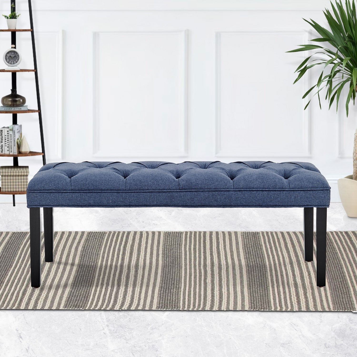 Sarantino Cate Button-tufted Upholstered Bench With Tapered Legs By Sarantino - Blue Linen