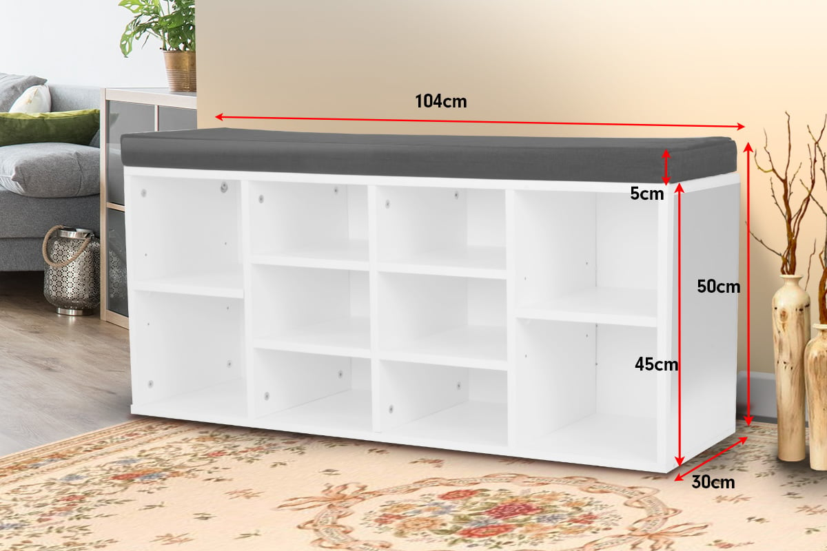 Sarantino Shoe Rack Cabinet Organiser Grey Cushion Sttol Bench Ottoman - 104 X 30 X 45 - White