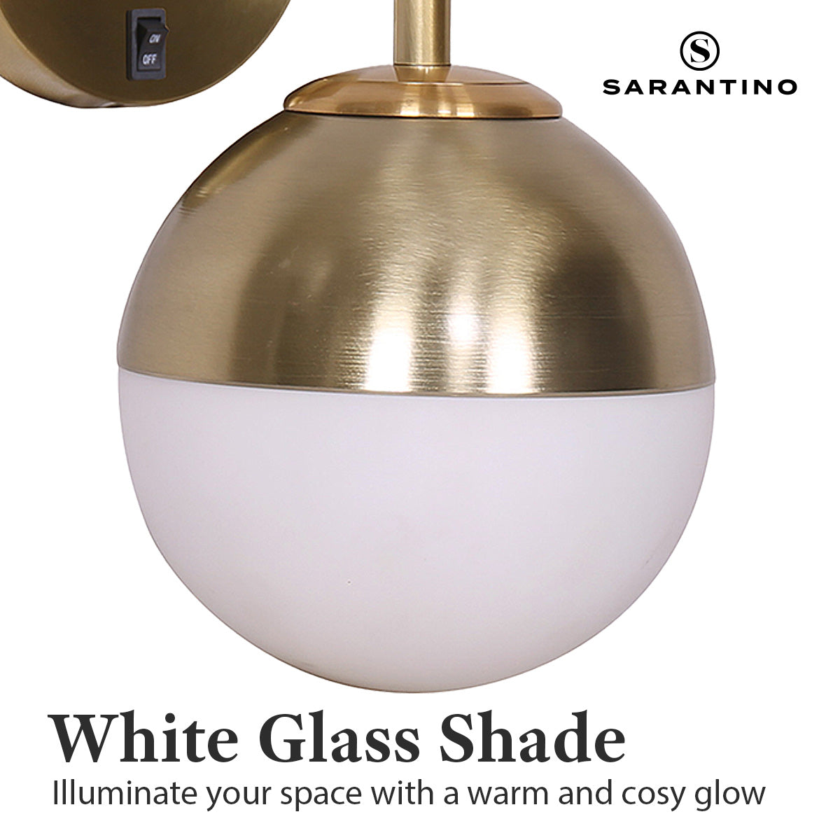 Sarantino Wall Lamp with Gold Metal Base and White Glass Shade