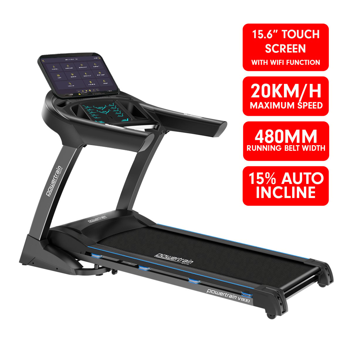 Powertrain V1100 Treadmill with Wifi Touch Screen & Incline