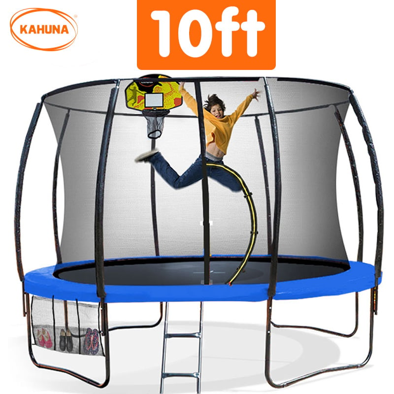 Kahuna 10ft Outdoor Trampoline With Safety Enclosure Pad Ladder Basketball Hoop Set Blue