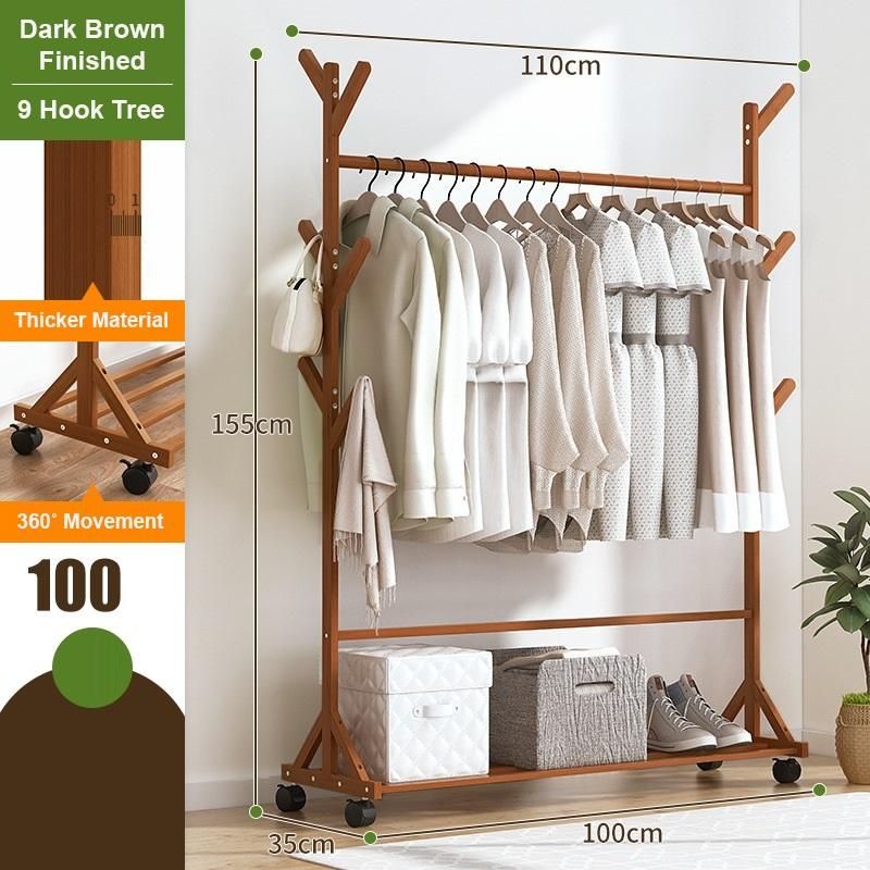 Portable Coat Stand Rack Rail Clothes Hat Garment Hanger Hook with Shelf Bamboo 9 Hook without Rack Rail Dark Brown Finished