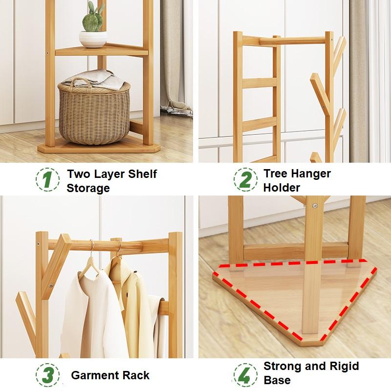 Bamboo Clothes Coat Rack Garment Stand Shelf Tree Hanger Bag Hat Hook Holder Dark Brown