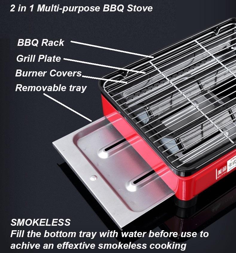 Portable Gas Stove Burner Butane BBQ Camping Gas Cooker With Non Stick Plate Black with Fish Pan and Lid