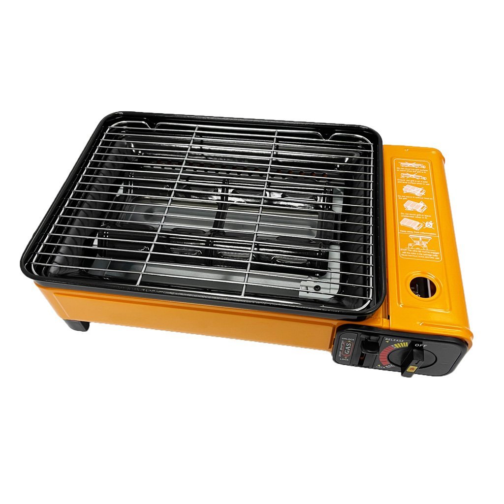 Portable Gas Stove Burner Butane BBQ Camping Gas Cooker With Non Stick Plate Orange with Fish Pan and Lid