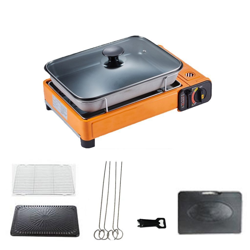 Portable Gas Stove Burner Butane BBQ Camping Gas Cooker With Non Stick Plate Orange without Fish Pan and Lid