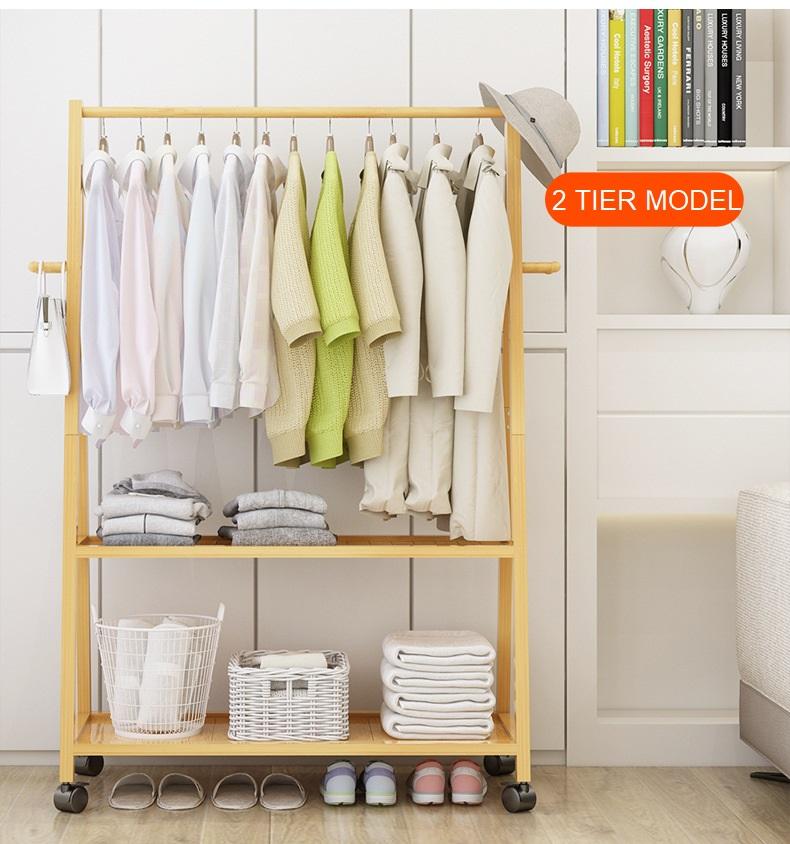 Rail Bamboo Clothes Rack Garment Hanging Stand 3 Tier Storage Shelves Closet 80cm Panel