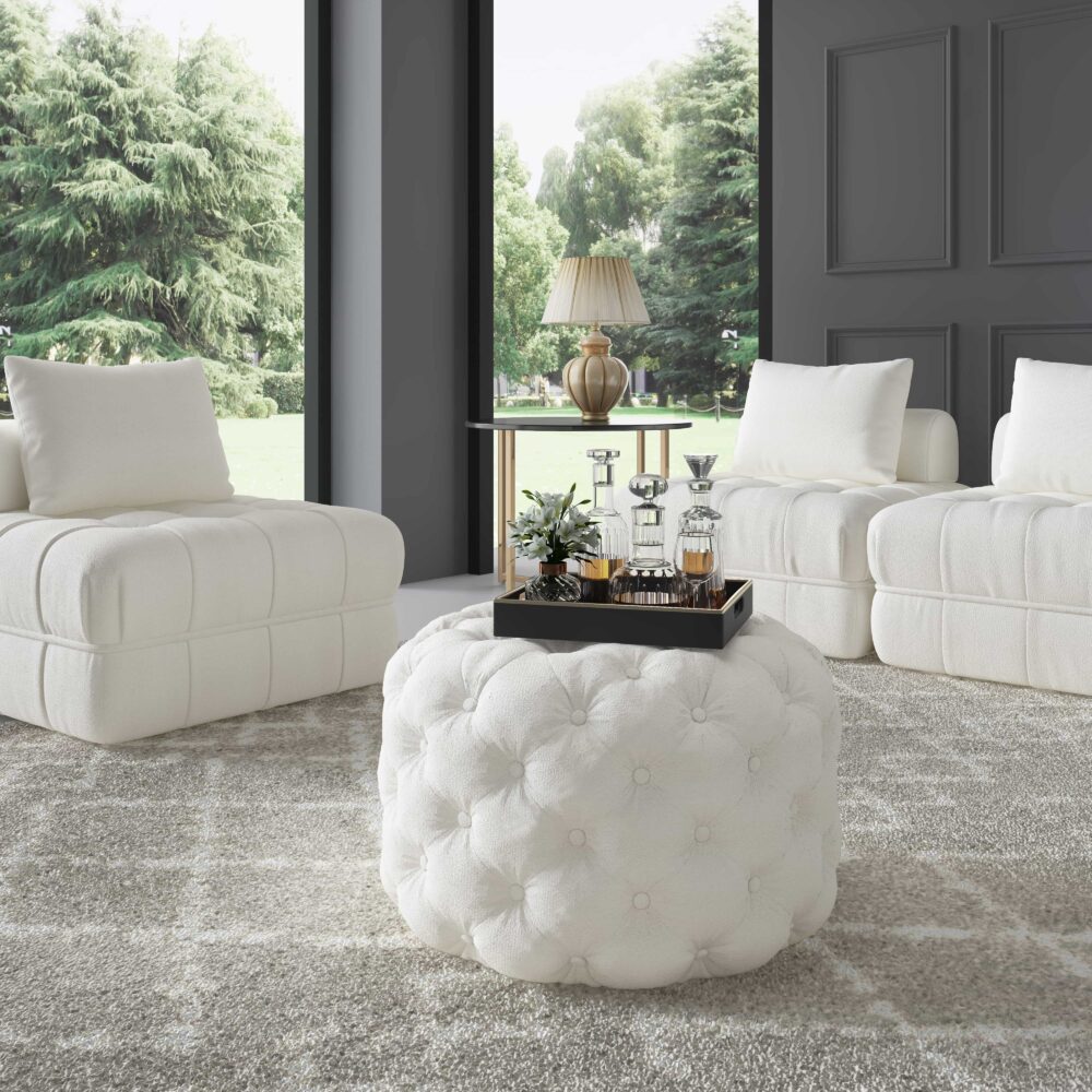 Bouclé White Ottoman-Round