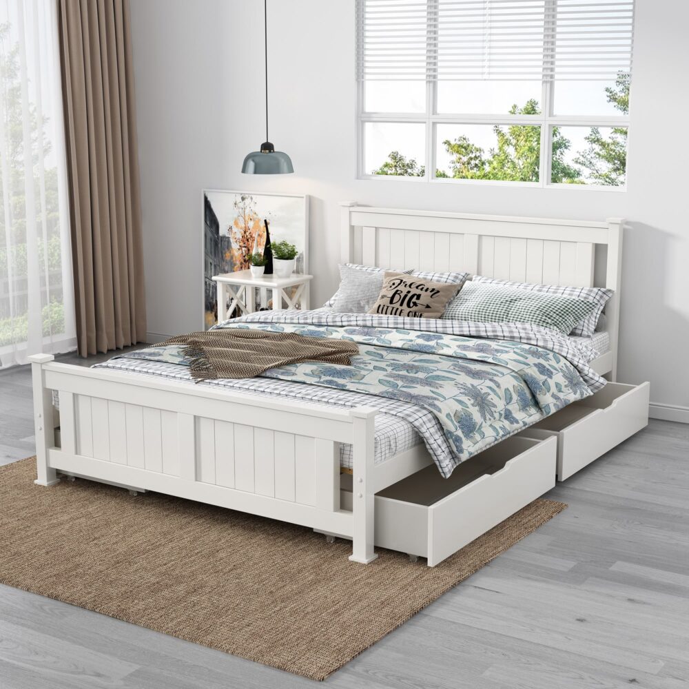 Double Solid Pine Timber Bed Frame – White