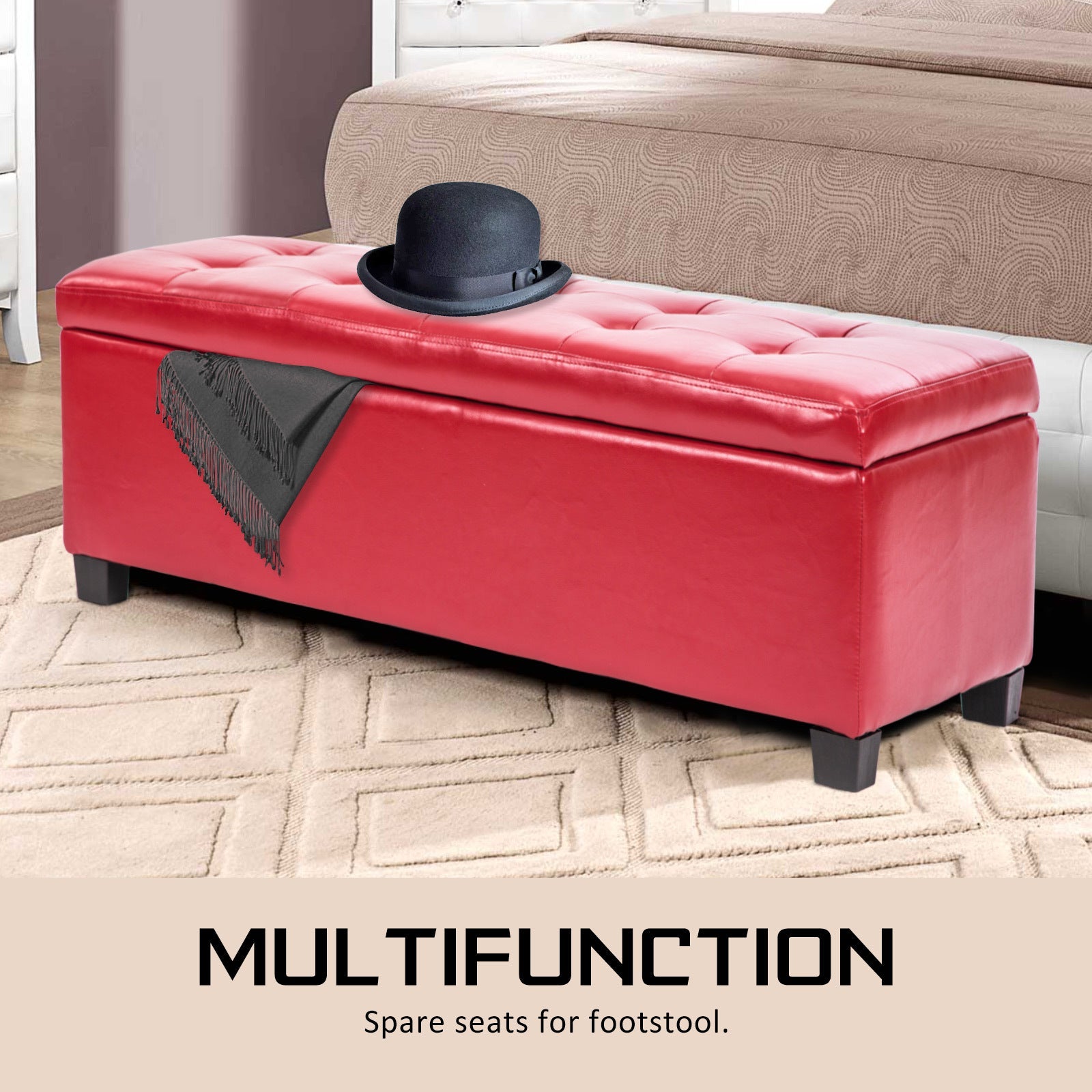 La Bella 102cm Red Storage Ottoman Stool Leather