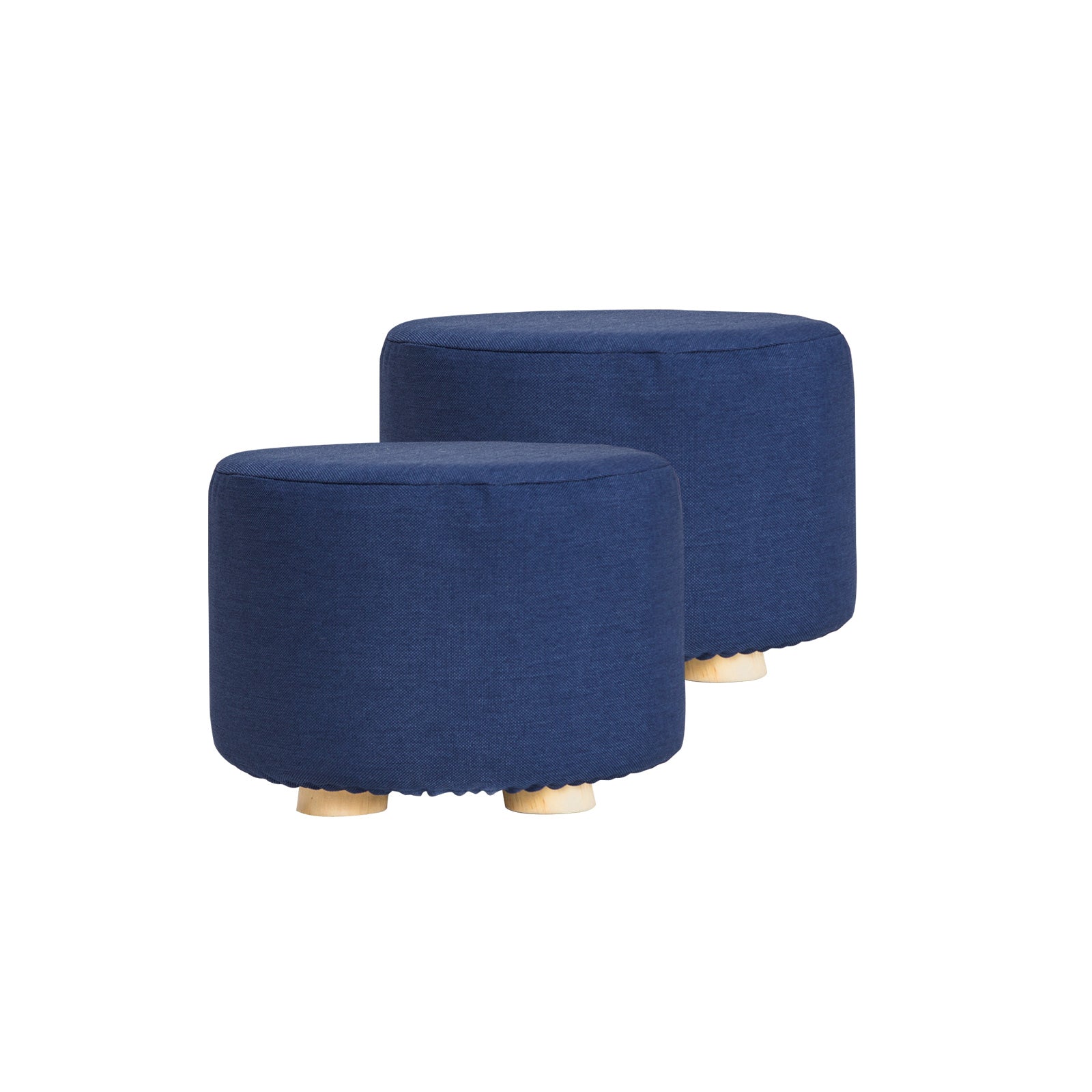 La Bella 2 Set Dark Blue Fabric Ottoman Round Wooden Leg Foot Stool