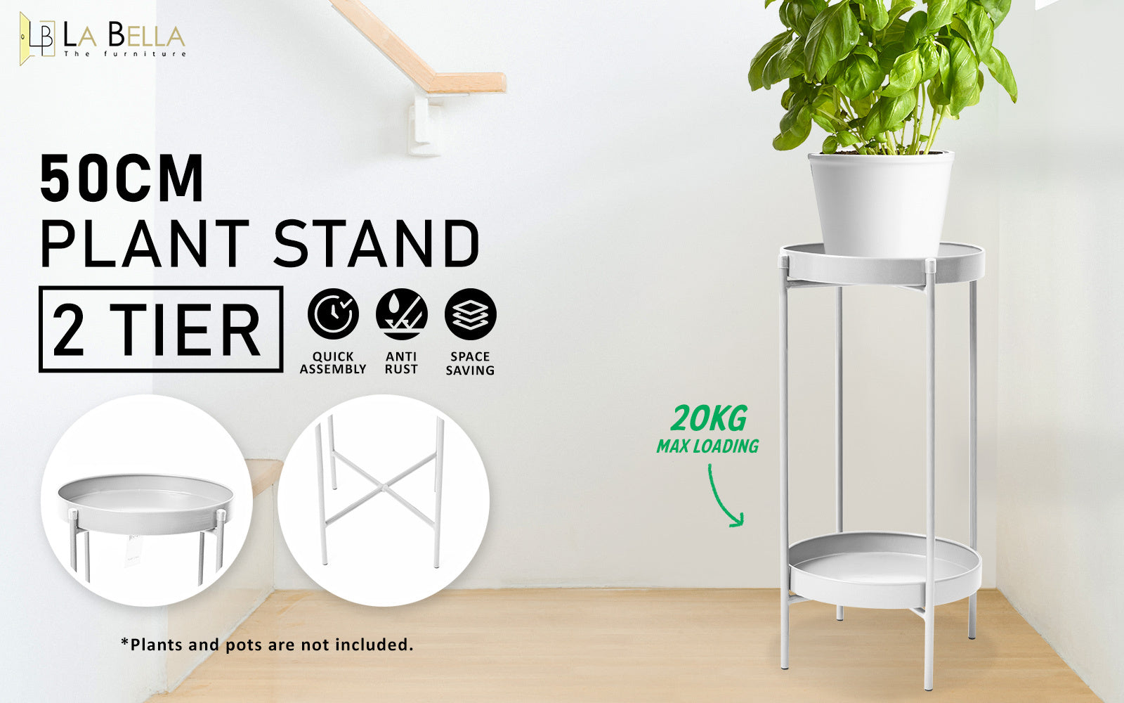 La Bella 50cm White Plant Stand Planter Shelf Rack 2 Tier Steel