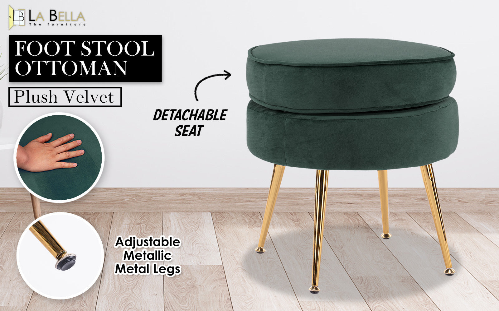 La Bella Green Round Ottoman Foot Stool Velvet Fabric Metal Leg