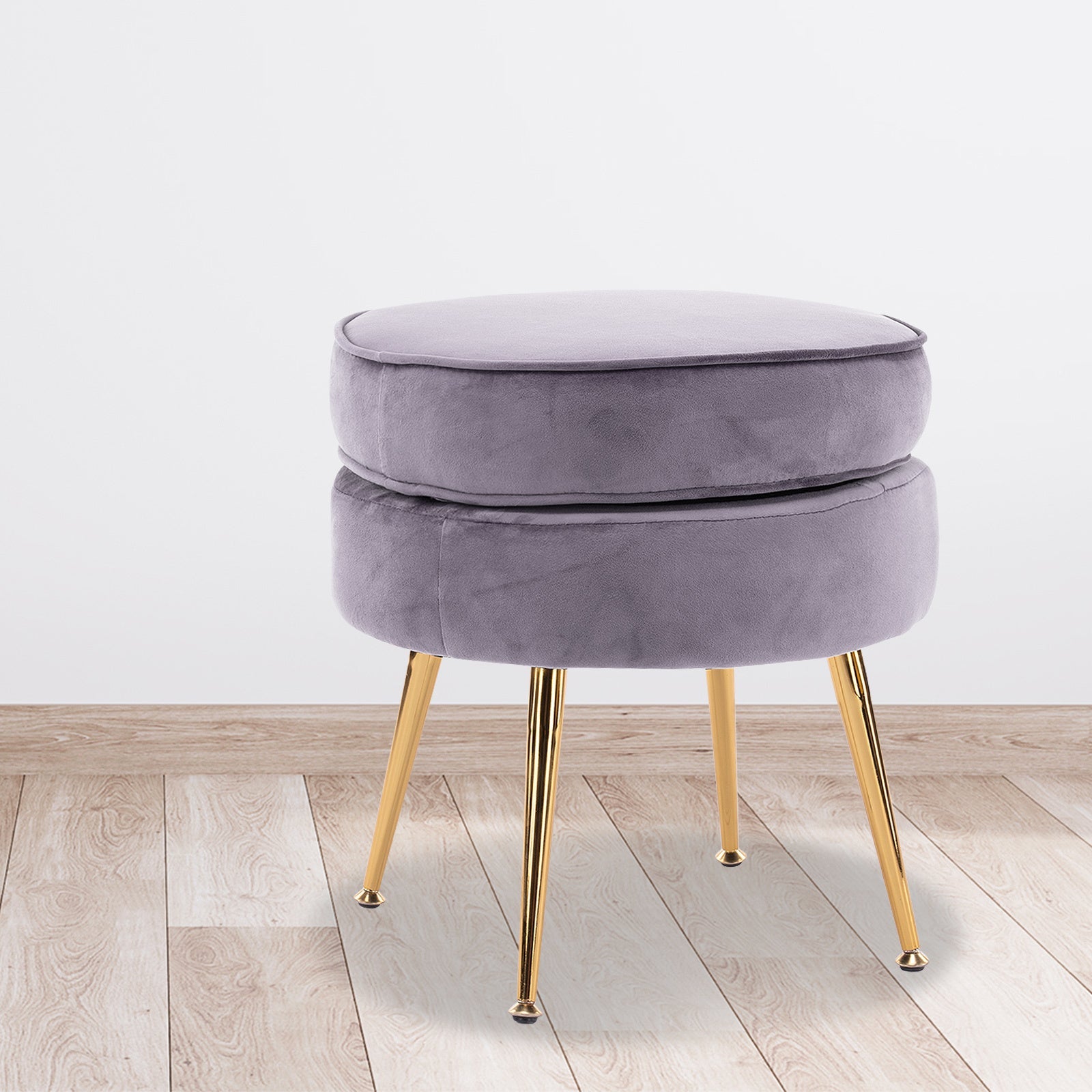 La Bella Grey Round Ottoman Foot Stool Velvet Fabric Metal Leg