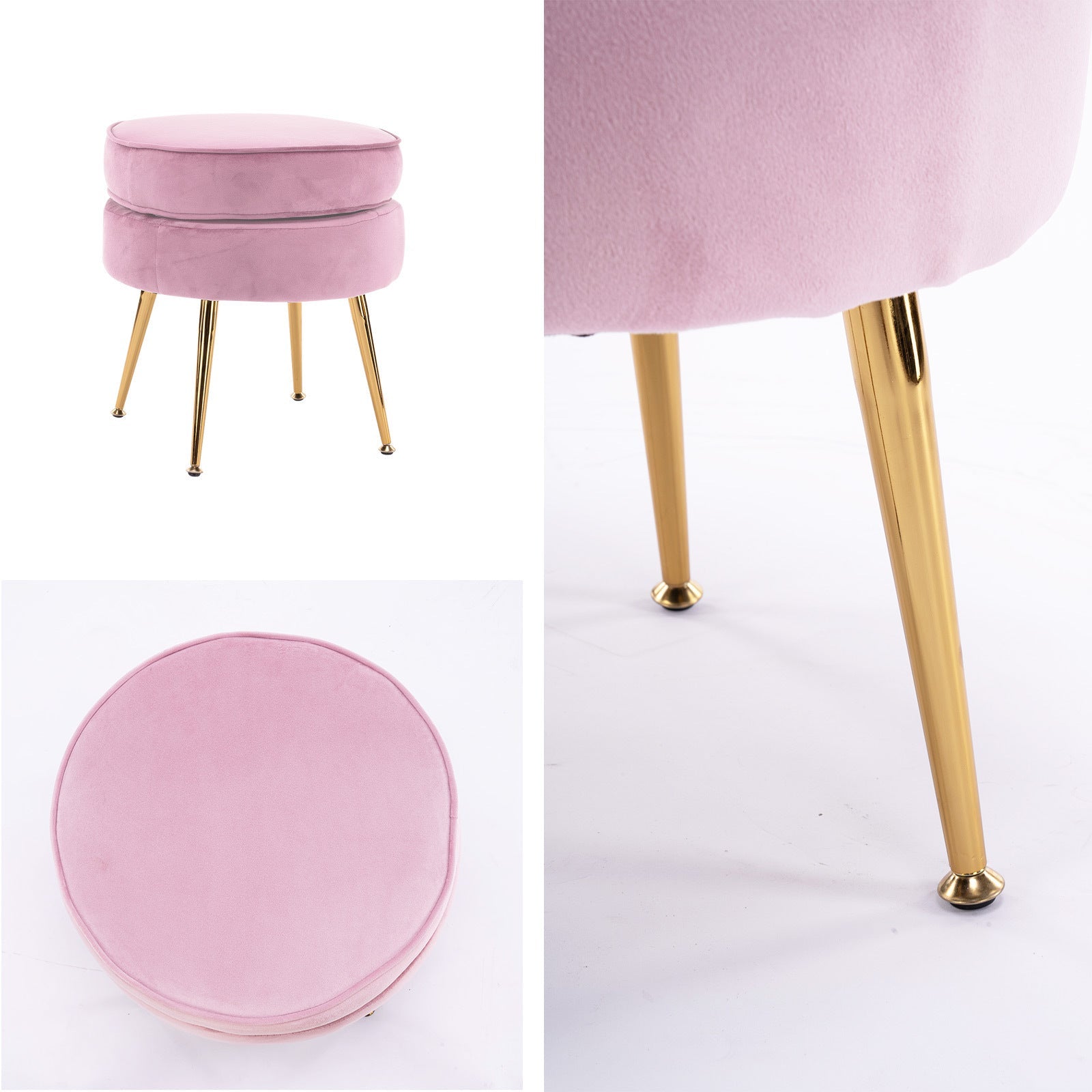 La Bella Pink Round Ottoman Foot Stool Velvet Fabric Metal Leg