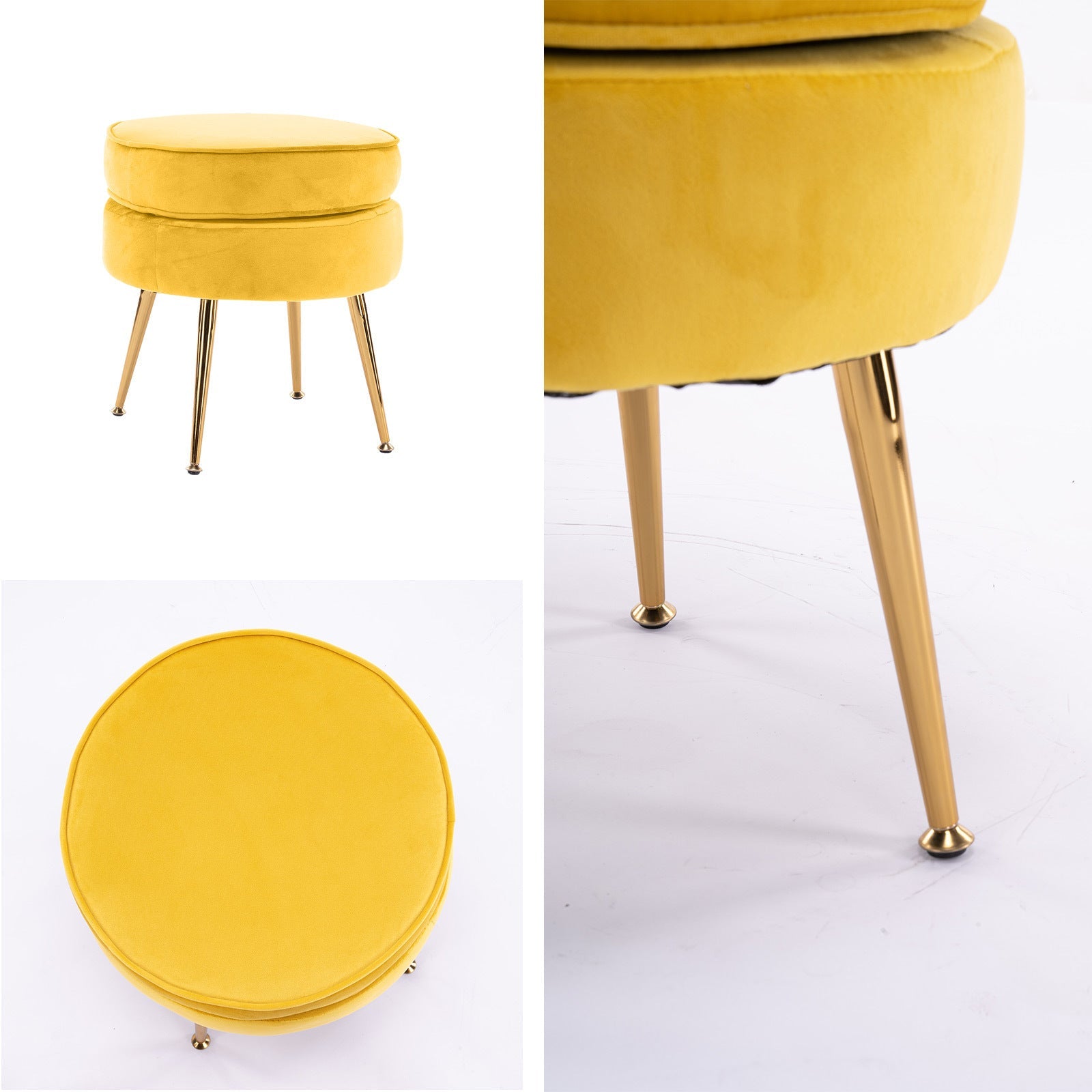 La Bella Yellow Round Ottoman Foot Stool Velvet Fabric Metal Leg