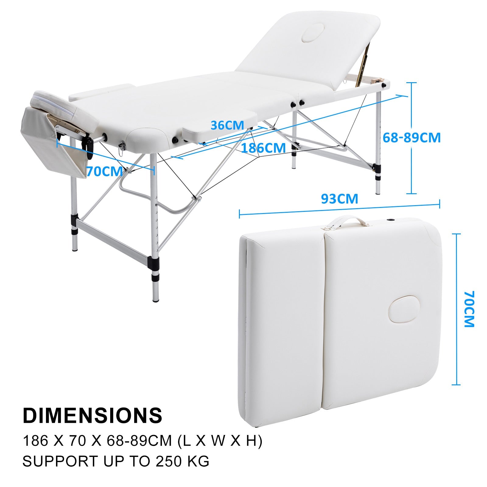 Forever Beauty White Portable Beauty Massage Table Bed Therapy Waxing 3 Fold 70cm Aluminium