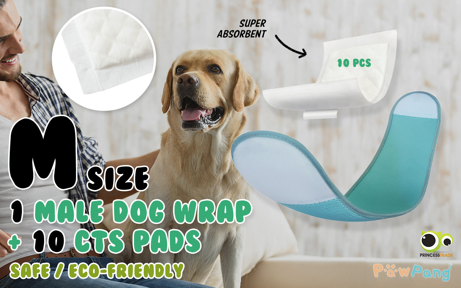 PawPang M Dog Wrap Reusable Male + 10 Ct M Diaper Booster Pads Disposable