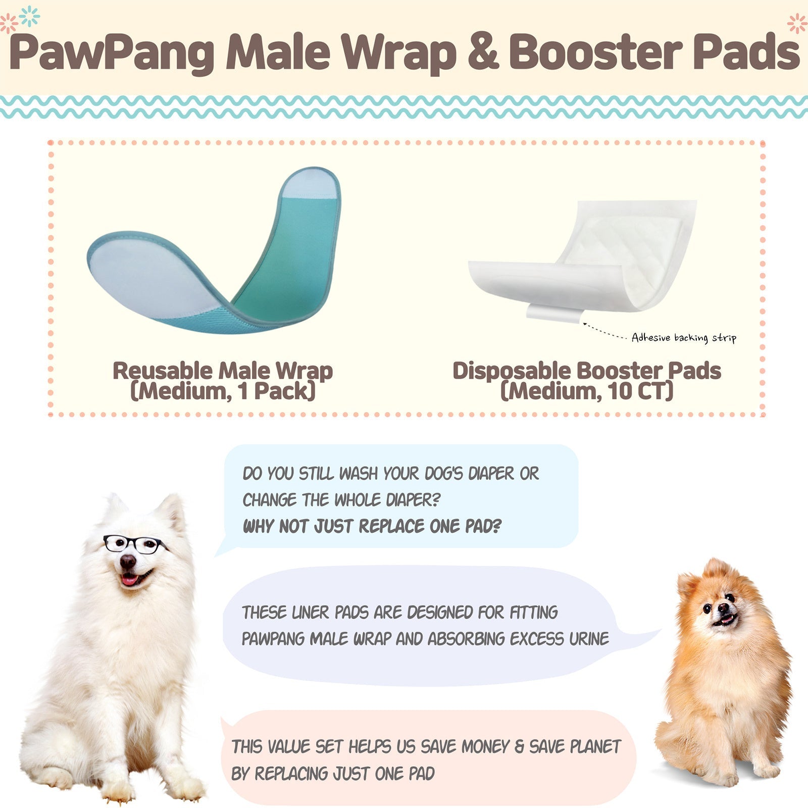 PawPang M Dog Wrap Reusable Male + 10 Ct M Diaper Booster Pads Disposable